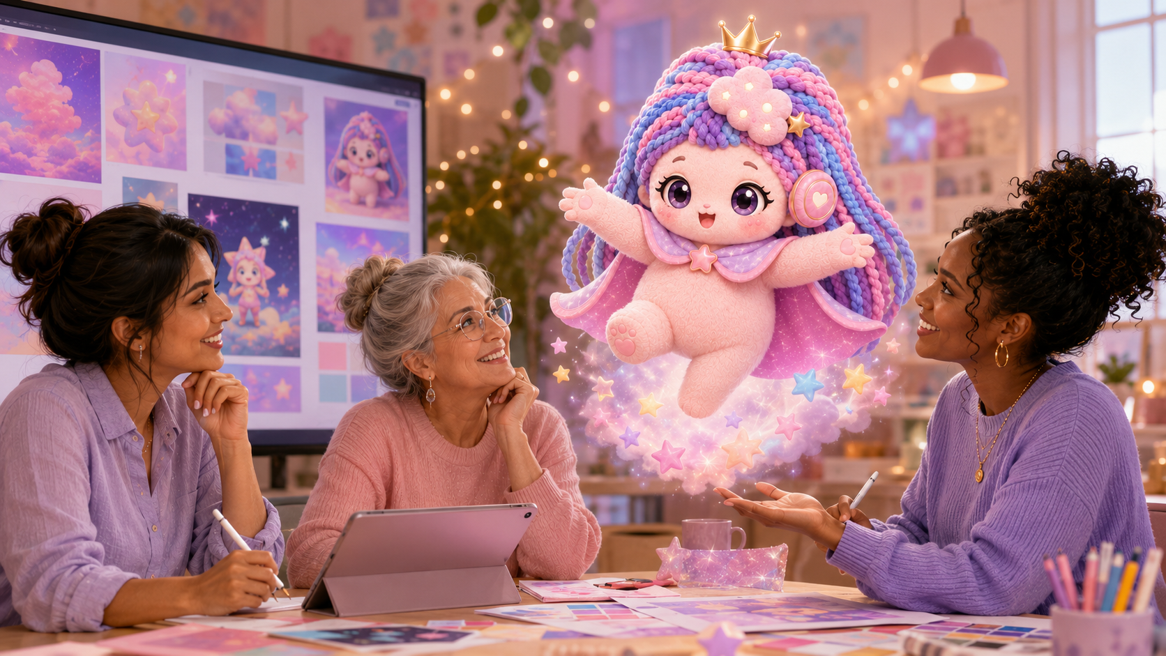 Three women collaborating around a table with DREAMA floating above them