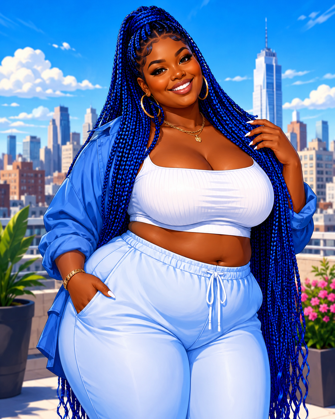 Illustrated portrait of a smiling woman with blue braids on a sunny city rooftop.