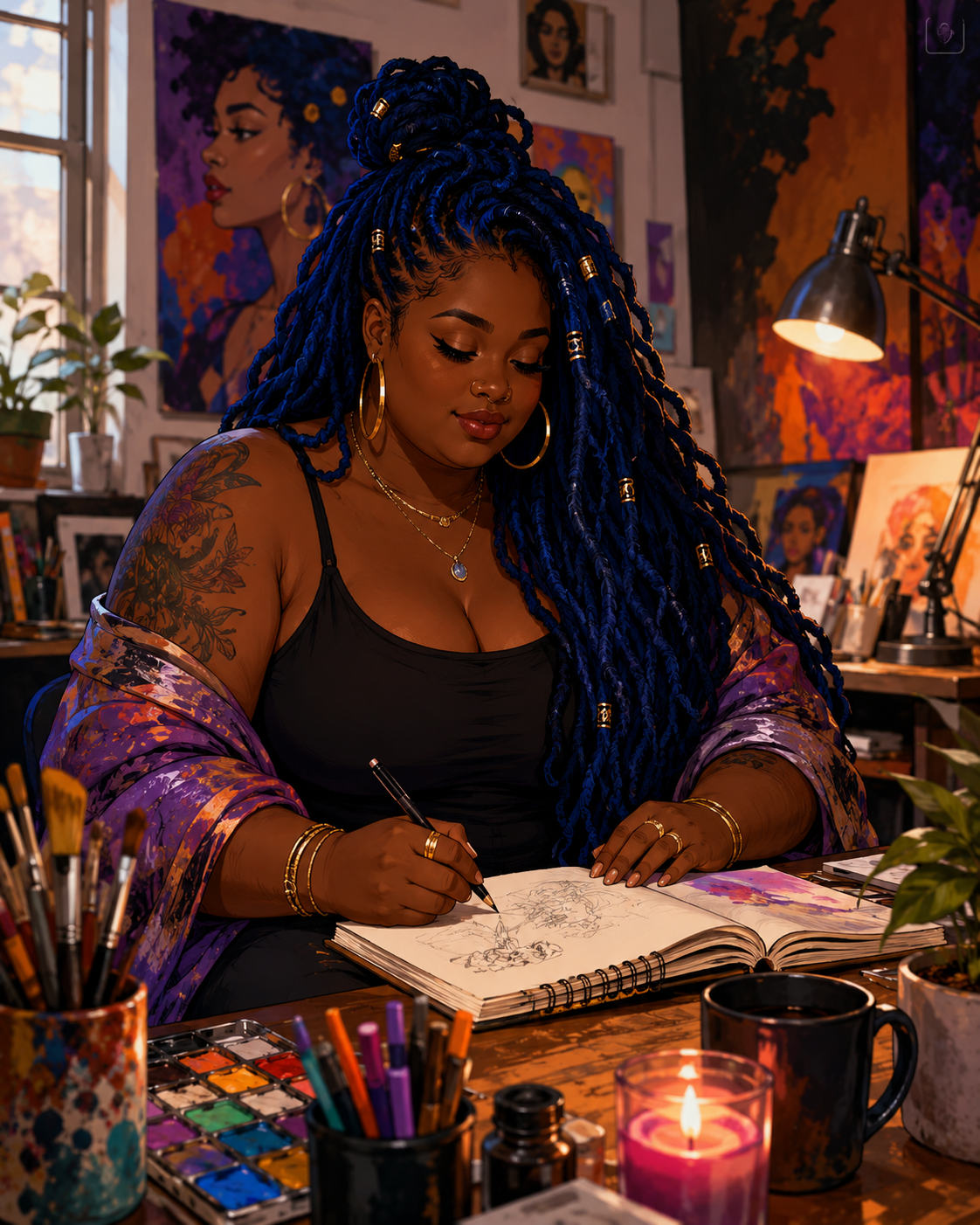 Illustrated portrait of a woman with blue braids drawing in an art studio.