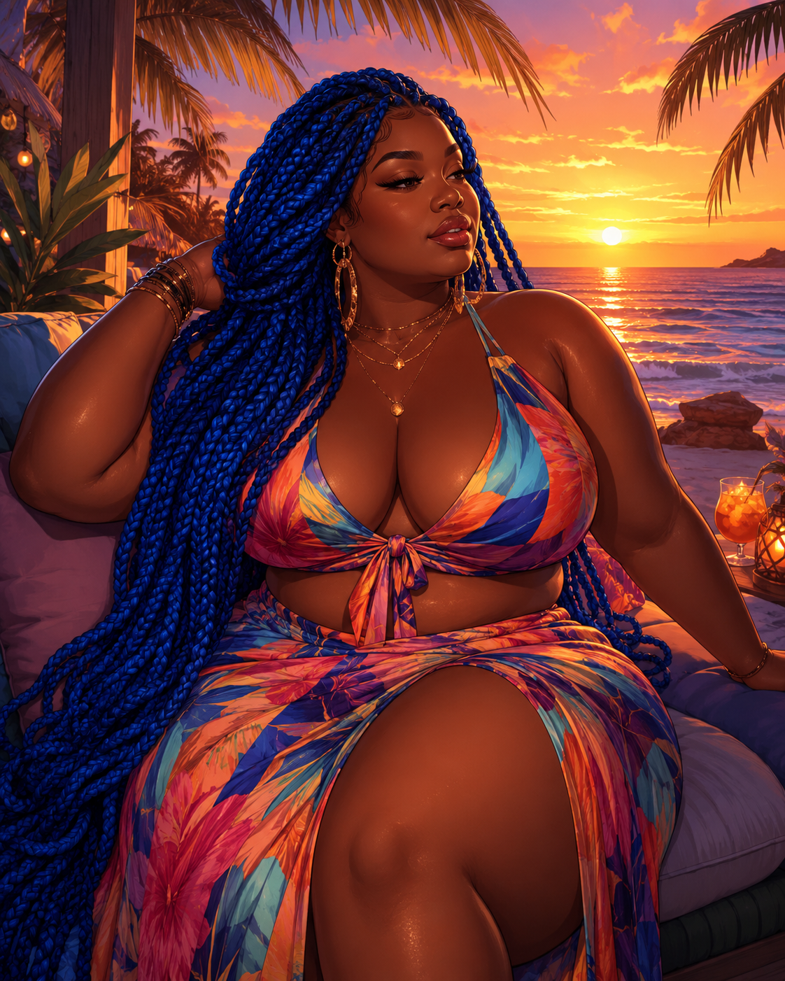 Illustrated portrait of a woman with blue braids at sunset by the ocean.