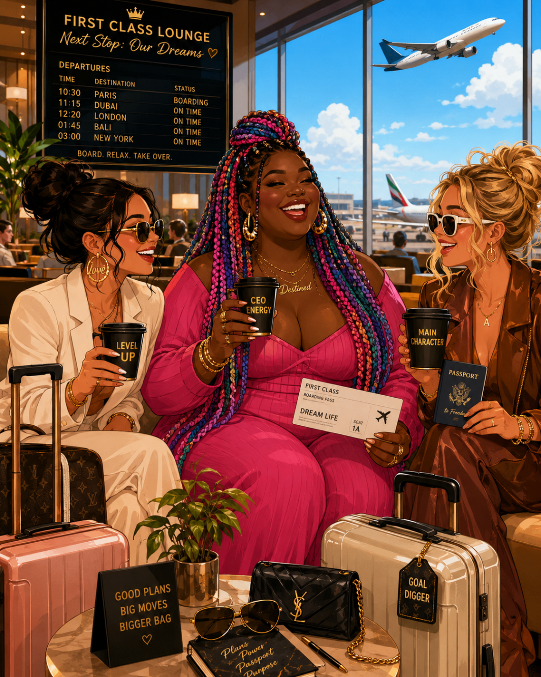 Women relaxing in a luxe airport lounge with luggage, coffee, and a departures board focused on dream destinations.