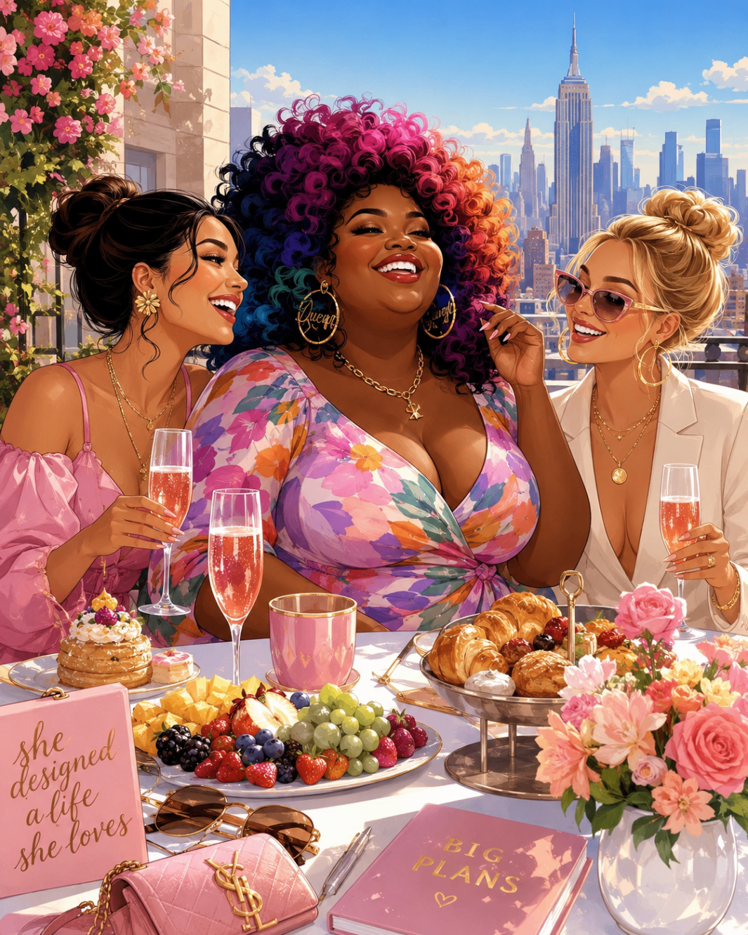 A bright, joyful group of women at a city brunch laughing together over coffee.