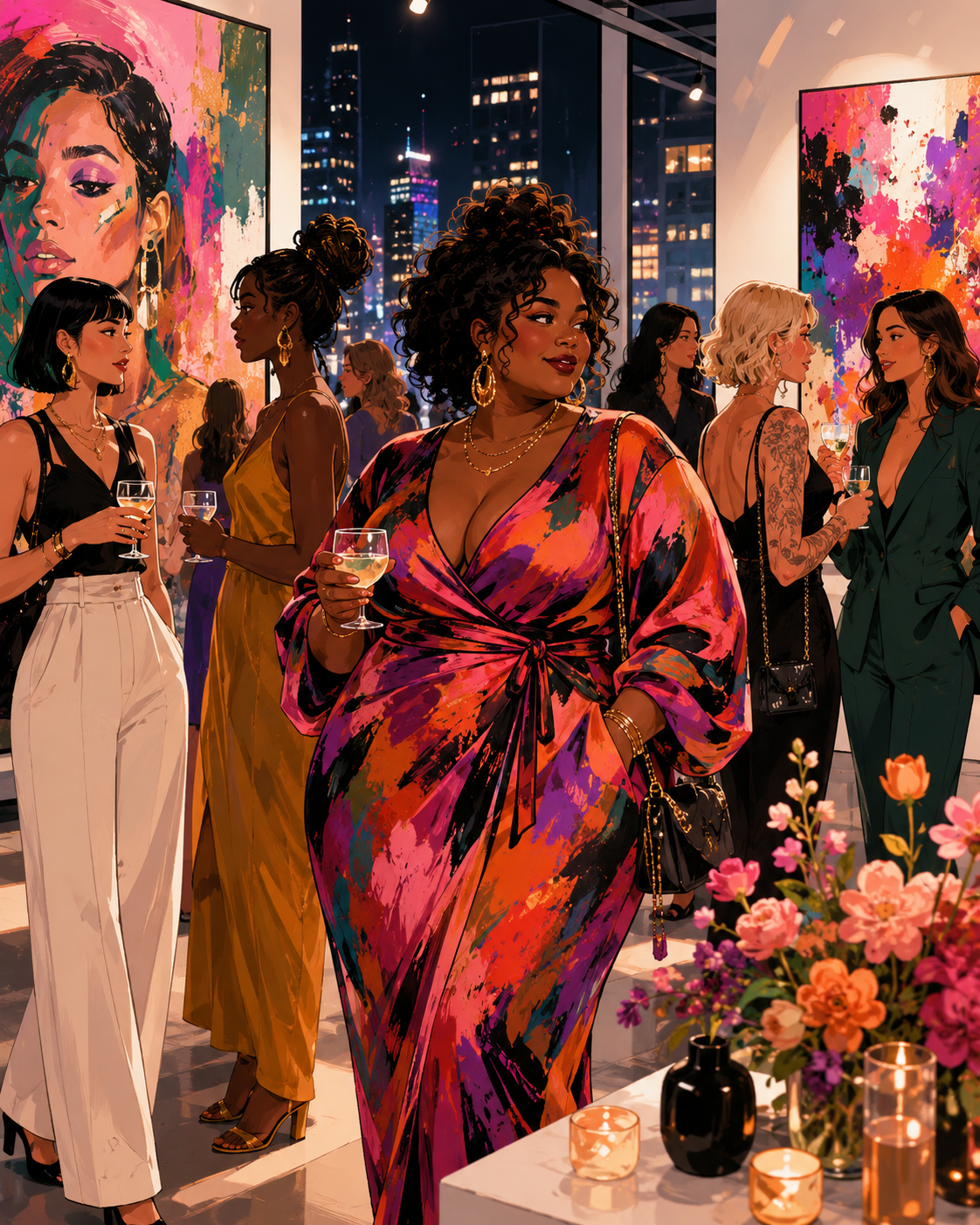 Women creating content together in a glowing studio.