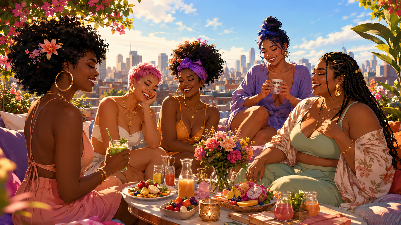 Women gathered for a candlelit dinner in a flower-filled garden at sunset.