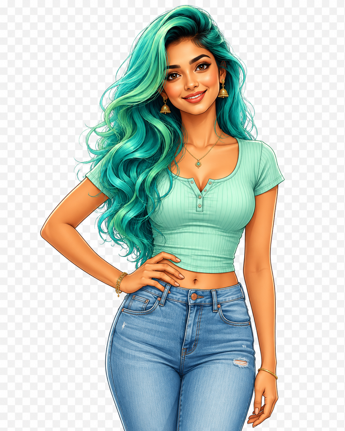 Illustrated cutout portrait of a smiling woman with long teal wavy hair and gold earrings.
