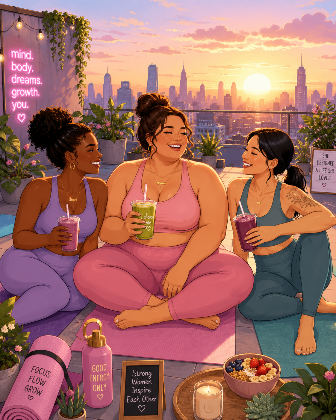 Women on a rooftop sharing affirmations at sunset.