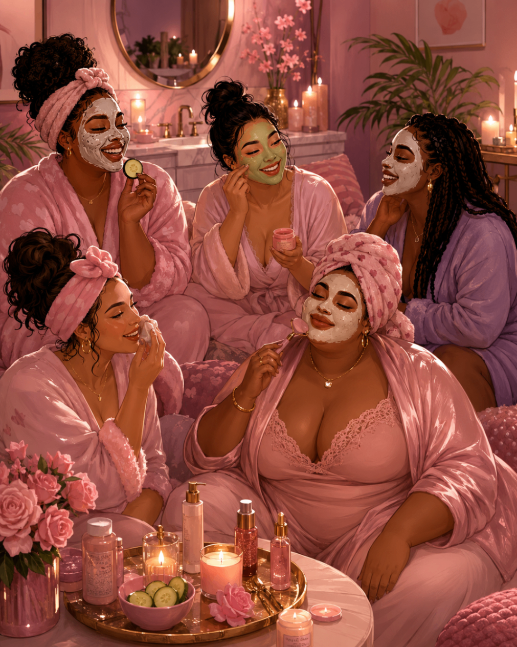Women enjoying a luxe spa night together with skincare, candles, and robes.
