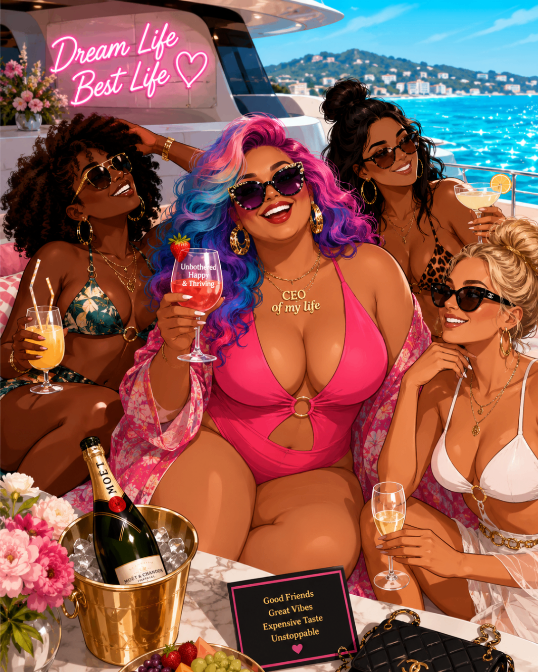 Women celebrating on a yacht with bold styling, ocean views, and bright dream-life energy.