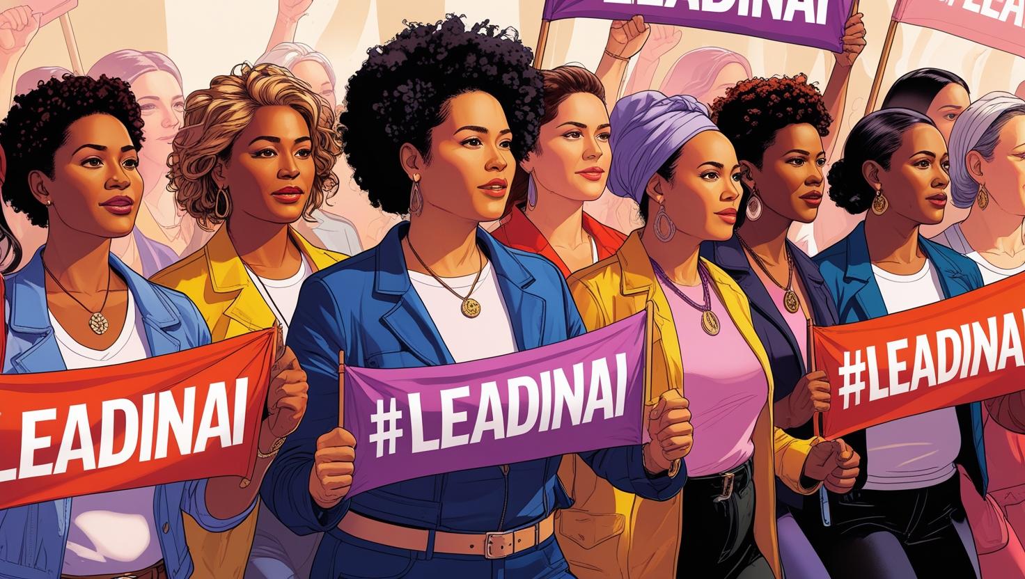 an illustration of women of diverse races and sizes marching together with banners saying #leadinai