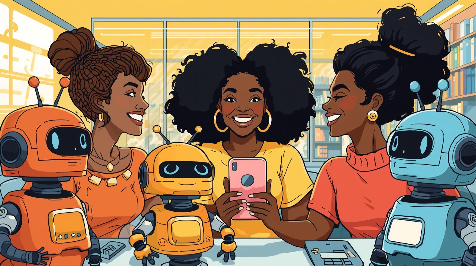 create an illustration black women playing with ai content agents