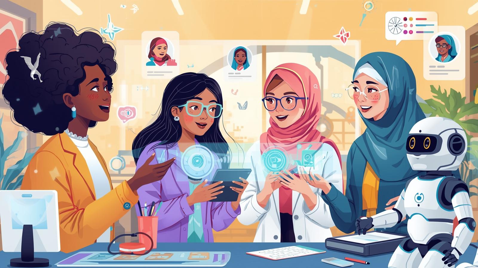 create an illustration of a black, white, asian and muslim woman playing with ai agents and chatbots